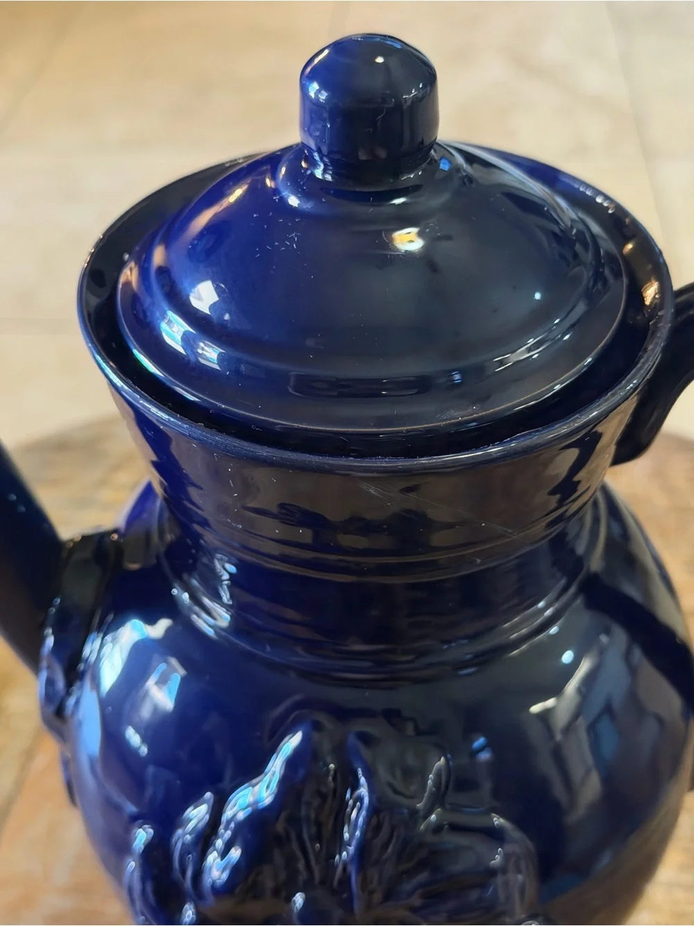 Italian Cobalt Blue Ceramic Teapot Kettle, Raised Grape Fruit Floral Pottery